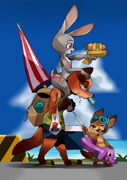 anthro backpack bikini bodily_fluids clothed clothing detailed_background female flat_chested food group laugh male popsicle snorkel sweat swim_ring swimwear topless toy toy_gun two-piece_swimsuit umbrella water_gun ma_wen disney zootopia finnick_(zootopia) judy_hopps nick_wilde canid canine fennec_fox fox lagomorph leporid mammal rabbit red_fox true_fox absurd_res hi_res