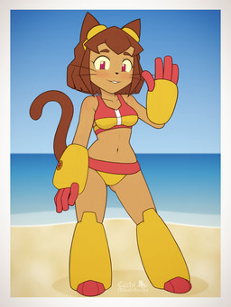 anthro beach bikini bikini_bralette blush breasts clock clothed clothing female gesture hair looking_at_viewer outside sea short_hair smile solo standing swimwear tail two-piece_swimsuit watch water waving ecchimisanthrope gameoverse glitch_productions kit_bodega domestic_cat felid feline felis mammal absurd_res hi_res