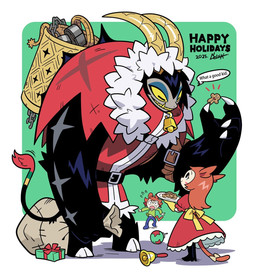 anthro female gingerbread_man group holding_sack holidays horizontal_pupils horn male pupils speech_bubble text trio nelnal christmas krampus bovid caprine caprine_demon demon domestic_cat felid feline felis goat_demon mammal english_text hi_res