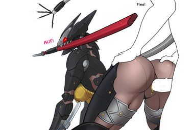 all_fours anthro anthrofied big_butt butt crossgender dagger duo female genitals holding_object holding_weapon katana male male/female melee_weapon mtf_crossgender object_in_mouth penis red_eyes sheathed_weapon simple_background surprised sword sword_in_mouth tan_body vulva weapon weapon_in_mouth white_background spacemaxmarine konami metal_gear metal_gear_rising:_revengeance platinumgames blade_wolf human humanoid lq-84_fenrir mammal hi_res