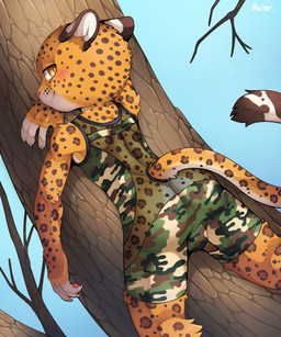against_natural_surface against_surface against_tree anthro blush bulge butt camo claws clothing countershading fishnet_clothing fur half-closed_eyes kemono leaning looking_at_viewer looking_back looking_back_at_viewer male narrowed_eyes outside pawpads plant shota smile solo standing tree wrestling_singlet yellow_eyes young young_anthro unrealplace felid feline leopard mammal pantherine hi_res