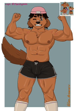 anthro bottomwear bulge clothing footwear hat headgear headwear hotpants long_ears male muscular nipples pecs shorts socks solo stretch_marks tail mr.leo canid canine mammal hi_res