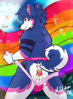 butt clothing clothing_stretching ear_piercing gauged_ear jewelry jockstrap lgbt_pride male piercing plug_(jewelry) plug_(sex_toy) presenting pride_color_flag pride_colors rear_view sex_toy underwear mrdarknesswolf lgbt_pride_month neillen canid canine canis domestic_dog husky mammal nordic_sled_dog spitz hi_res
