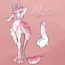 anthro balls big_hair cheek_tuft erection eyelashes facial_tuft femboy fluffy fluffy_balls fluffy_chest fluffy_hair fluffy_hips fluffy_tail genitals glowing glowing_eyes hair humanoid_genitalia humanoid_penis long_penis male penis pink_body slim slim_anthro slim_male solo tail thick_eyelashes tuft cepheidbaby dashiel novabeast 1:1 absurd_res hi_res model_sheet