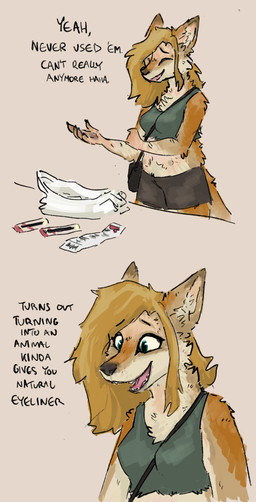 animal_hrt anthro clothing crop_top dialogue dipstick_ears ear_markings eyeshadow female fur hair happy human_to_anthro makeup multicolored_ears plastic_bag pointy_ears prick_ears purse receipt shirt solo species_transformation text topwear transformation vanillayote rain_(vanillayote) canid canine canis coyote mammal english_text hi_res trans_(lore) trans_woman_(lore)
