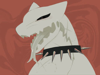 abstract_background ambiguous_anthro ambiguous_gender anthro black_collar black_eyes bodily_fluids collar flesh_teeth forked_tongue mouth_shot neck_scar open_mouth scar solo spiked_collar spikes sweat tan_body tan_insides tan_skin tan_tongue tongue tongue_out buteoposting unknown_species 2026 bust_portrait hi_res portrait