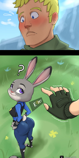 anthro big_butt blonde_hair blue_eyes blush breasts butt clothing duo female flower gameplay_mechanics grass hair male male/female motion_lines patreon_logo plant purple_eyes question_mark scut_tail short_tail tail tail_motion tailwag text tight_clothing twitter_logo uniform wide_eyed jhonart777 disney epic_games fortnite patreon twitter zootopia jonesy_(fortnite) judy_hopps european_rabbit human lagomorph leporid mammal oryctolagus rabbit absurd_res artist_name comic hi_res
