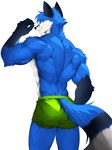 2024 3:4 absurd_res anthro back_muscles barazoku big_muscles biped blue_body blue_fur canid canine fox fur green_eyes hi_res looking_at_viewer male mammal muscular muscular_anthro muscular_male shirtless_anthro shirtless_male solo thunderkung white_body white_fur