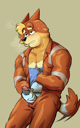 anthro bite biting_lip blush blush_lines bodily_fluids body_hair chest_hair clothed clothed_male clothing coveralls erection fur genitals glans humanoid_genitalia humanoid_penis looking_pleasured male masturbation multicolored_body multicolored_fur muscular muscular_anthro muscular_male musk nipple_fetish nipple_play open_clothing open_topwear partially_clothed penis simple_background solo speech_bubble standing sweat tail tail_motion text topwear undressing sagingbarko bluey_(series) radley_heeler australian_cattle_dog canid canine canis cattledog domestic_dog herding_dog mammal pastoral_dog 5:8 english_text hi_res