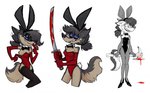 anthro axe blood bodily_fluids breasts bunny_costume clothing costume female flashing flashing_breasts katana melee_weapon naughty_face nipples playboy_bunny solo sword weapon lenyavok oriana_thaffer canid canine canis domestic_dog mammal multiple_scenes