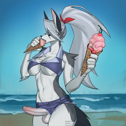 accessory anthro balls beach bottomwear bottomwear_pull breasts clothing clothing_pull denim denim_bottomwear denim_clothing denim_shorts dessert eating eating_food erection eyes_closed food foreskin fur genitals grey_hair gynomorph hair hair_accessory hair_tie hotpants humanoid_genitalia humanoid_penis ice_cream ice_cream_cone intersex licking_food navel penis penis_poking_out ponytail sea shorts shorts_pull solo tail text tight_foreskin topwear water white_body white_fur pulred hellaverse helluva_boss mythology loona_(helluva_boss) canid canid_demon canine demon hellhound mammal mythological_canine mythological_creature 1:1 digital_drawing_(artwork) digital_media_(artwork) hi_res url