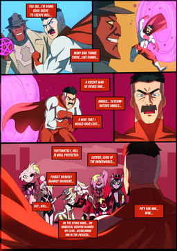 blood bodily_fluids cape clothing detective_hat duo female flying group magic male open_mouth portal text kato777 hazbin_hotel hellaverse image_comics invincible_(image_comics) angel_dust charlie_morningstar cherri_bomb_(hazbin_hotel) damien_darkblood husk_(hazbin_hotel) lucifer_(hazbin_hotel) niffty_(hazbin_hotel) omni-man vaggi_(hazbin_hotel) alien alien_humanoid angel angel_humanoid arachnid arthropod cyclops demon demon_humanoid felid feline humanoid mammal spider viltrumite absurd_res comic english_text hi_res