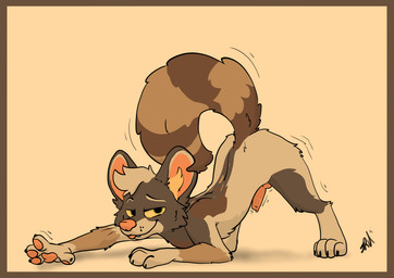 all_fours animal_genitalia animal_penis anthro barely_visible_genitalia barely_visible_penis blush body_blush brown_body brown_fur canine_genitalia canine_penis digitigrade erection fur genitals green_eyes hair handpaw looking_at_viewer male markings multicolored_body pawpads paws penis presenting raised_paw ring_(marking) ringed_tail shaking simple_background smile solo stretching striped_markings striped_tail stripes tail tail_markings teasing tongue tongue_out two_tone_body whiskers raposanaranja crispin_(character) african_wild_dog canid canine canis hybrid mammal mixed_breed procyonid raccoon 2026 absurd_res digital_media_(artwork) hi_res