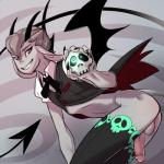1:1 2015 ash_(peritian) balls bent_over bone bottomless bovid caninelove caprine claws clothed clothing crossdressing demon digital_media_(artwork) femboy genitals glowing glowing_eyes goat grey_hair hair half-erect hi_res horn humanoid humanoid_genitalia humanoid_penis legwear looking_at_viewer male mammal membrane_(anatomy) membranous_wings penis red_eyes shaded simple_background skull smile solo spade_tail tail thigh_highs wings