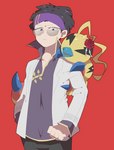 accessory antennae_(anatomy) black_hair duo eyewear feral hair headband male sunglasses kuso_800t bandai_namco digimon digimon_survive kunemon_(survive) ryou_tominaga arthropod digimon_(species) human insect kunemon mammal