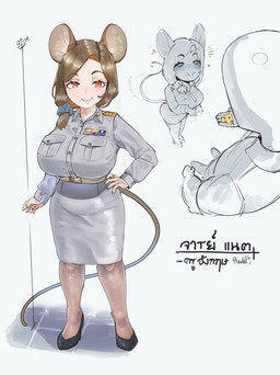 big_breasts biped blush bottomwear breasts brown_hair clothing duo epaulet female female_humanoid footwear hair heart_eyes heart_symbol high-angle_view high_heels holding_cheese larger_human larger_male looking_at_viewer male male_human markings metric_unit micro military_uniform mole_(marking) shoes shortstack size_difference skirt smaller_female smaller_humanoid smile standing stated_height tail tail_motion tailwag text uniform maikamiaka animal_humanoid human humanoid mammal mammal_humanoid mouse_humanoid murid murid_humanoid murine murine_humanoid rodent rodent_humanoid 2024 colored digital_media_(artwork) hi_res thai_text