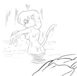 anthro bath breasts butt female looking_back nipples nude shower skinny_dipping solo waterfall manwithnobats heathcliff_and_the_catillac_cats cleo_catillac domestic_cat felid feline felis mammal monochrome