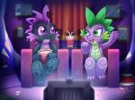 2017 4:3 anthro armchair arthropod black_body black_exoskeleton chair changeling cute_fangs detailed_background dragon duo exoskeleton female food friendship_is_magic furniture green_body green_scales hasbro hole_(anatomy) male my_little_pony mythological_creature mythological_scalie mythology popcorn pupils scales scalie slit_pupils spike_(mlp) story story_in_description vavacung