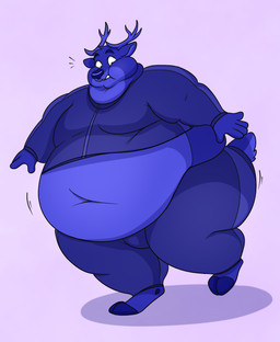 anthro antlers belly belly_expansion belly_inflation belly_overhang big_belly big_butt blue_body blue_fur blueberry_inflation body_inflation butt clothed clothing expansion fur hooves horn huge_belly inflation looking_down looking_down_at_self male moobs motion_lines navel on_one_leg solo standing swelling swollen_cheeks tracksuit wonkalicious deer mammal 2023 hi_res