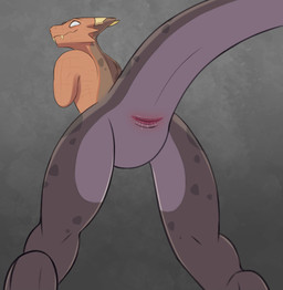 animal_genitalia anthro broken_horn burn_scar butt cloaca fangs female genitals grey_body grey_scales horizontal_cloaca horn looking_at_viewer looking_back looking_back_at_viewer nude nude_female presenting presenting_cloaca presenting_hindquarters rear_view scales scar solo teeth ahatas elizabeth_(ahatas) lizard reptile scalie hi_res