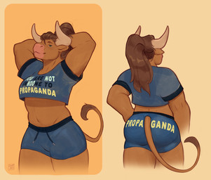 2_horns anthro athletic_wear biped bottomwear breasts brown_body brown_fur butt closed_smile clothed clothed_anthro clothed_female clothing eyebrows female female_anthro front_view fully_clothed fully_clothed_anthro fully_clothed_female fur gym_bottomwear gym_shorts hair hand_on_hip hand_on_own_hip hands_behind_head hands_behind_own_head horn humor mouth_closed muscular muscular_female ponytail pun rear_view shirt shorts smile solo tail tail_tuft tank_top text text_on_bottomwear text_on_clothing text_on_shirt text_on_shorts text_on_tank_top text_on_topwear thick_thighs topwear tuft 5thsun you_are_not_immune_to_propaganda bovid bovine cattle hybrid mammal 2025 dated english_text meme signature