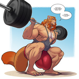 anthro balls_outline barbell barbell_squats big_bulge big_muscles biped blue_eyes bottomwear bulge claws clothing detailed_bulge exercise fur genital_outline hair huge_bulge huge_muscles hyper hyper_bulge long_hair male male_anthro muscular muscular_anthro muscular_male orange_body orange_fur penis_outline plantigrade red_hair sand shirt shorts solo speech_bubble tail tank_top text topwear weightlifting weights workout boosterpang sergei_norkin american_mink mammal mink mustelid musteline neovison true_musteline 2025 english_text hi_res