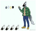 anthro border casual_clothing clothed clothing fur horn machine male notched_ear protogen_visor solo white_border signed.lavender fan_character l_cut mammal protogen digital_drawing_(artwork) digital_media_(artwork) full-length_portrait hi_res model_sheet portrait