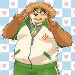 anthro belly brown_body brown_fur clothing eyebrows eyewear farmer fur gesture glasses hand_gesture hat headgear headwear jacket male overweight solo straw_hat thick_eyebrows topwear v_sign yaki_atsuage lifewonders tokyo_afterschool_summoners volos_(tas) bear mammal 1:1 hi_res