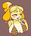 anthro big_breasts bikini blush breasts clothed clothing countershading female fur hair hair_bun half-closed_eyes huge_breasts narrowed_eyes solo swimwear two-piece_swimsuit yellow_body yellow_fur rxttenmind animal_crossing nintendo isabelle_(animal_crossing) canid canine canis domestic_dog mammal 2023 absurd_res bust_portrait hi_res portrait signature