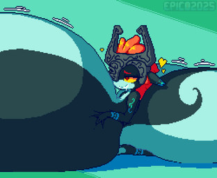 big_breasts big_butt black_body black_ears black_skin blue_body blue_markings blue_skin bodily_fluids breast_expansion breast_squish breasts butt butt_expansion drooling enjoying expansion eyebrows female fused_shadow green_background grey_helmet hair hand_on_breast hand_on_own_breast heart_symbol huge_breasts huge_butt humanoid_pointy_ears hyper hyper_breasts hyper_butt kneeling markings motion_lines multicolored_body not_furry orange_hair pointy_ears red_eyebrows red_eyes saliva short_stack simple_background smile solo squish swelling thick_thighs two_tone_body yellow_sclera epicpotatolord nintendo the_legend_of_zelda twilight_princess midna humanoid imp twili 2025 cel_shading colored digital_media_(artwork) pixel_(artwork) shaded