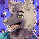 clothed clothing fur green_eyes grey_body grey_fur looking_at_viewer male sharp_teeth shirt solo sparkles teeth topwear neonlynx bow_(bowhuskers) canid canine canis mammal wolf 1:1 artist_name digital_media_(artwork)