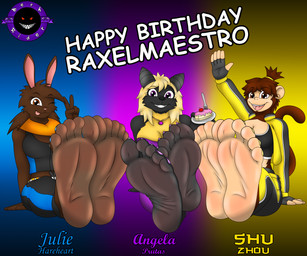 5_toes anthro barefoot birthday blouse bottomwear breasts cake claws clothed clothing dessert feet female food foot_focus fur gem group hair humanoid_feet jacket looking_at_viewer open_mouth plantigrade scarf simple_background smile soles text toe_claws toes tongue topwear berk_rider ricowolfdog bat haplorhine lagomorph leporid mammal monkey primate rabbit 2020 6:5 absurd_res english_text hi_res