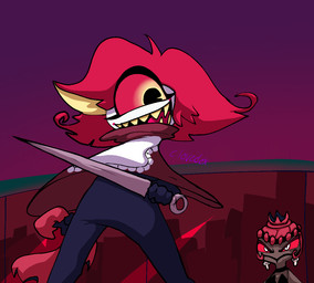 angry anthro bodysuit city city_background clothing cosplay duo fangs female hair holding_hair maid_apron melee_weapon painting_(object) skinsuit sword teeth tight_clothing touching_hair weapon clovedex hazbin_hotel hellaverse hollow_knight_(franchise) team_cherry hornet_(hollow_knight) niffty_(hazbin_hotel) velvette_(hazbin_hotel) arachnid arthropod humanoid spider 2025