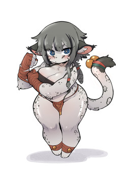 anthro bandage bandaged_arm big_breasts big_butt biped blue_eyes blush bottomwear breasts butt clothed clothing eyebrows eyelashes female fist fur gloves grey_body hair handwear loincloth looking_at_viewer markings mostly_nude short_stack simple_background solo spots standing tail thick_thighs wide_hips xeppir felid mammal pantherine snow_leopard 2025 hi_res