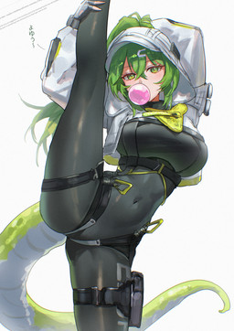 blowing_bubble_gum bodysuit breasts bubble_gum clothing eyebrow_through_hair eyebrows eyelashes female flexible green_eyes green_hair hair hood one_leg_up pupils raised_leg shrug_(clothing) simple_background skinsuit slit_pupils solo splits spread_legs spreading standing tail text tight_clothing translucent translucent_hair vertical_splits white_background uof arknights arknights_endfield hypergryph studio_montagne fluorite_(arknights) animal_humanoid humanoid reptile reptile_humanoid scalie scalie_humanoid snake_humanoid tailed_humanoid 2025 absurd_res english_text film_grain hi_res japanese_text translated