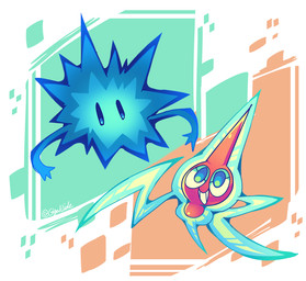 ambiguous_gender blue_body blue_eyes clenched_teeth duo open_mouth open_smile orange_body smile teeth text white_text giganide beta_pokemon_games nintendo pokemon beta_pokemon_(species) generation_4_pokemon normal_rotom pokemon_(species) rotom 2021 english_text hi_res signature