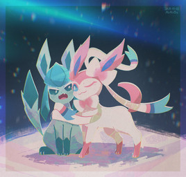 ;3 ambiguous_gender annoyed aurora_(phenomenon) blue_body blue_eyes blush blush_lines bow_(anatomy) duo eyelashes fangs feral fur hug looking_at_another one_eye_closed open_mouth paws pink_body pink_fur ribbons_(anatomy) sitting snow tail teeth tongue white_body mrh2o2 nintendo pokemon eeveelution generation_4_pokemon generation_6_pokemon glaceon pokemon_(species) sylveon 2025 dated hi_res signature