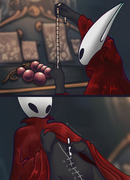 beads black_body body_writing cloak clothing detailed_background female graded_belly hollow_eyes marker measuring measuring_belly measuring_penetration_depth navel solo tape_measure hwacha_wolf hollow_knight:_silksong hollow_knight_(franchise) team_cherry hornet_(hollow_knight) arthropod insect comic hi_res