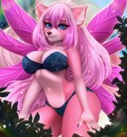 anthro blue_eyes breasts clothed clothing eyelashes female fingers fur hair looking_at_viewer nails outside plant purple_hair smile solo wings adorableinall mariah_veiethe canid canine canis mammal wolf digital_media_(artwork)