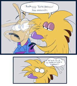 anthro black_eyes black_nose blonde_hair blue_clothing blue_shirt blue_topwear bodily_fluids buckteeth clothing duo exclamation_point fur hair half-closed_eyes hand_on_shoulder long_ears looking_at_another male motion_lines multicolored_clothing multicolored_shirt multicolored_topwear narrowed_eyes nervous purple_clothing purple_eyes purple_nose purple_shirt purple_topwear romantic romantic_couple shaking shirt speech_bubble standing stressed sweat tan_body tan_ears tan_fur teeth text thought_bubble topwear two_tone_clothing two_tone_shirt two_tone_topwear yellow_body yellow_fur 8-bit-britt nickelodeon nickelodeon_all-star_brawl rocko's_modern_life the_angry_beavers norbert_beaver rocko_rama beaver macropod mammal marsupial rodent wallaby 2026 comic digital_media_(artwork) english_text hi_res