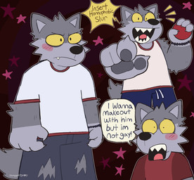 anthro ball black_nose blush bottomwear bracelet bully bullying clothed clothing denim denim_bottomwear denim_clothing dialogue fur gesture grey_body grey_fur hand_gesture in_denial jeans jewelry male no_homo open_mouth orientation_play pants pointing pointing_at_viewer sharp_teeth shirt solo stated_heterosexuality stated_sexuality straight_to_gay t-shirt tail talking_to_viewer teeth text tongue topwear torn_bottomwear torn_clothing torn_jeans torn_pants ohmygoditguppy terry_(ohmygoditguppy) canid canine canis mammal wolf english_text hi_res