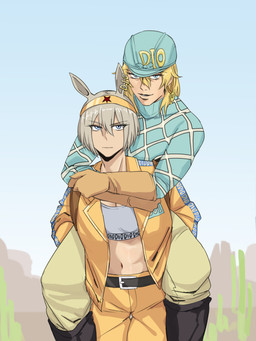5_fingers accessory bangs belt belt_buckle black_belt black_boots black_clothing black_footwear blonde_hair blue_clothing blue_eyes blue_helmet blue_jacket blue_sky blue_sweater blue_topwear boots bottomwear bra breasts brown_clothing brown_gloves brown_handwear buckle cactus carrying_another cleavage clothed clothed_female clothed_human clothed_humanoid clothed_male clothing day desert duo ear_ornament eye_through_hair eyebrow_through_hair eyebrows female female_humanoid fingers footwear front_view fully_clothed fully_clothed_female fully_clothed_human fully_clothed_humanoid fully_clothed_male gloves grey_bra grey_clothing grey_ears grey_eyebrows grey_hair grey_sports_bra grey_sweater grey_topwear grey_underwear hair handwear headband hug humanoidized jacket lips long_hair looking_at_viewer male male_human medium_breasts mesa_(landscape) midriff mouth_closed multicolored_clothing multicolored_sweater multicolored_topwear navel open_clothing open_jacket open_topwear outside pants piggyback plant pupils saguaro shoes short_hair sky sports_bra standing sweater tan_bottomwear tan_clothing tan_pants topwear translucent translucent_hair two_tone_clothing two_tone_jacket two_tone_sweater two_tone_topwear underwear yellow_bottomwear yellow_clothing yellow_headband yellow_jacket_(clothing) yellow_pants yellow_topwear maven_(artist) cygames jojo's_bizarre_adventure steel_ball_run uma_musume_pretty_derby diego_brando silver_bullet_(jjba) animal_humanoid equid equid_humanoid equine equine_humanoid horse_humanoid human humanoid mammal mammal_humanoid 2025 hi_res