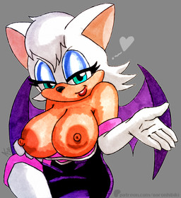 alternate_hairstyle anthro big_breasts breasts clothed clothing female looking_at_viewer narrowed_eyes nipples solo thick_thighs topless wide_hips aaronhibiki sega sonic_the_hedgehog_(series) rouge_the_bat bat mammal hi_res
