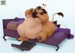 anthro bed belly belly_overhang beverage big_belly big_butt biped box butt claws container fur furniture heart_symbol male mane moobs nude obese obese_anthro obese_male on_bed overweight overweight_anthro overweight_male sitting smile soda solo tan_body tan_fur toe_claws weighing_scale wide_hips arkveveen_(artist) felid lion mammal pantherine 2019 hi_res