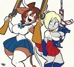 anthro antlers big_breasts big_butt blonde_hair blue_clothing blue_eyes blue_gloves blue_handwear breasts brown_body brown_eyes brown_fur brown_hair butt cleavage cleavage_overflow clothed clothing countershading duo female fur gloves grey_body grey_fur gun hair handwear high_boots holding_gun holding_object holding_ranged_weapon holding_weapon horn huge_breasts huge_butt long_socks ranged_weapon red_clothing rifle simple_background smile tail thick_thighs weapon white_body white_clothing white_countershading white_gloves white_handwear wide_hips tansau deer domestic_cat felid feline felis mammal new_world_deer reindeer 2025 digital_media_(artwork)
