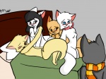 anthro bed breasts featureless_breasts female furniture grey_background group inside male on_bed scarf simple_background tail walk-in unknown_artist bittersweet_candy_bowl daisy_(bcb) lucy_(bcb) mike_(bcb) sandy_(bcb) sue_(bcb) domestic_cat felid feline felis khao_manee korat_cat mammal 4:3