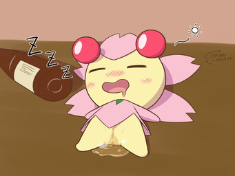 anus blush bodily_fluids drunk eyes_closed female genital_fluids genitals not_furry peeing sleeping solo sound_effects substance_intoxication urine vowelless vowelless_sound_effect vulva watersports wetting wine_bottle young young_female young_humanoid zzz citrine1105 nintendo pokemon cherrim cherry_blossom_creature generation_4_pokemon humanoid pokemon_(species) sunshine_form_cherrim 4:3