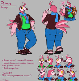 anthro beak belt black_belt black_eyes blue_bottomwear blue_clothing blue_jeans blue_pants blue_scarf blush bottomwear brown_clothing brown_jacket brown_topwear clothed clothing denim denim_bottomwear denim_clothing feathers feet front_view frown gloves_(marking) green_clothing green_shirt green_topwear grey_background jacket jeans male markings multiple_expressions multiple_poses needle_and_thread onomatopoeia open_clothing open_jacket open_shirt open_topwear overweight overweight_anthro overweight_male pants pink_beak pink_body pink_feathers plushie pose purple_beak rear_view scarf sewing shirt simple_background smile solo sound_effects talons teddy_bear text thread toes tongue tongue_out topwear yellow_sclera felino quincy_(felino) avian bird flamingo 2025 absurd_res english_text hi_res model_sheet