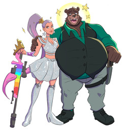 anthro belly big_belly brown_body brown_fur clothing crown dan_the_big_bear ear_piercing female fur gun hair headgear looking_at_viewer male male/female overweight overweight_anthro overweight_male piercing ponytail ranged_weapon star tight_clothing weapon wrapped_arms big_n_beefy_inc bear human mammal 2022 hi_res