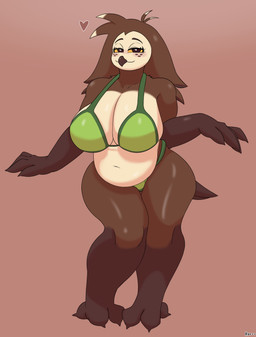 anthro big_breasts bikini blush breasts brown_background brown_body brown_eyes brown_feathers clothed clothed_anthro clothed_female clothing feathers female front_view green_bikini green_clothing green_swimwear half-closed_eyes heart_symbol huge_breasts looking_at_viewer markings narrowed_eyes navel non-mammal_breasts non-mammal_navel overweight overweight_anthro overweight_female plantigrade pose seductive simple_background skimpy slightly_chubby slightly_chubby_anthro slightly_chubby_female solo spots spotted_markings standing swimwear tail tail_feathers tan_body text thick_thighs two-piece_swimsuit wide_hips yellow_sclera hyuvevo marlene_(crumbleferret) avian bird owl absurd_res artist_name colored full-length_portrait hi_res portrait shaded
